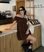 2351 Kloş Poplin Elbise - Kahverengi resmi